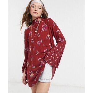 NWT Free People Floral Bell-Sleeve Tunic Top in Burgundy